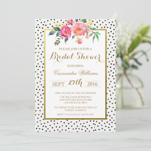 モダン水玉模様と金ゴールドブライダルシャワー 招待状 (スタンド正面)