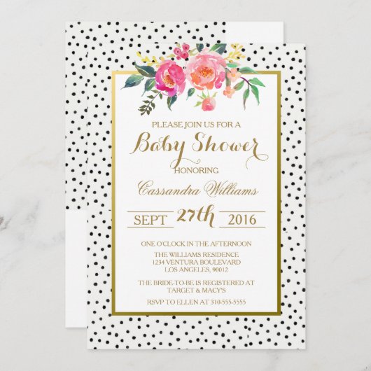 モダン水玉模様と金ゴールドベビーシャワー招待状 招待状 (正面/裏面)