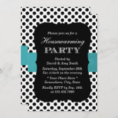 モダン水玉模様ティール(緑がかった色)リボン引っ越し祝いパーティーパーティー 招待状 (正面/裏面)