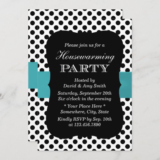 モダン水玉模様ティール（緑がかった色）リボン引っ越し祝いパーティーパーティー 招待状 (正面/裏面)
