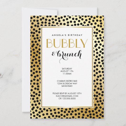 モダン水玉模様パターン黒と金ゴールド 招待状 (正面)