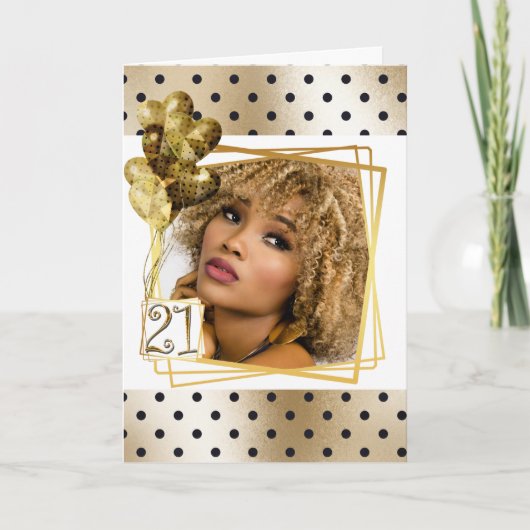 モダン水玉模様ブラック金ゴールド21番目のバルーン カード (正面)