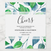 モダン水色の緑葉の結婚 ワインラベル (シングルラベル)