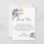 モダン水色パープルフローラのスクリプ結婚ト サンキューカード (正面)