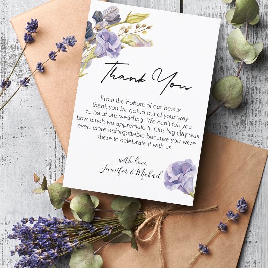 モダン水色パープルフローラのスクリプ結婚ト サンキューカード