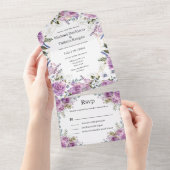 モダン水色パープルフローラ結婚 オールインワン招待状 (貼ってはがせる)