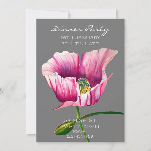 モダン水色ピンクの絵画ポピー 招待状 (正面)