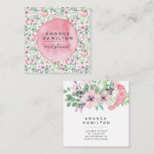 モダン水色ピンクの花の緑の葉 スクエア名刺 (正面/裏面)