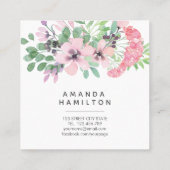 モダン水色ピンクの花の緑の葉 スクエア名刺 (裏面)