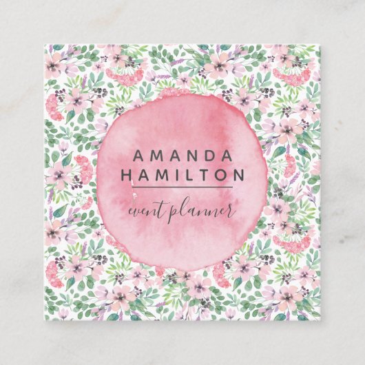 モダン水色ピンクの花の緑の葉 スクエア名刺 (正面)