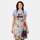 モダン水色フローラ紫エレガント色 エプロン (着用した状態)