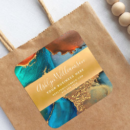 モダン水色瑪瑙ターコイズ金ゴールドオレンジ スクエアシール