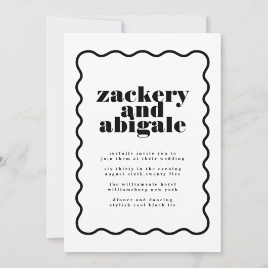 モダン波状はっきりした白黒結婚の 招待状 (正面)