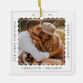 モダン波状ミニマル初めてのクリスマス婚約した写真 セラミックオーナメント (正面)