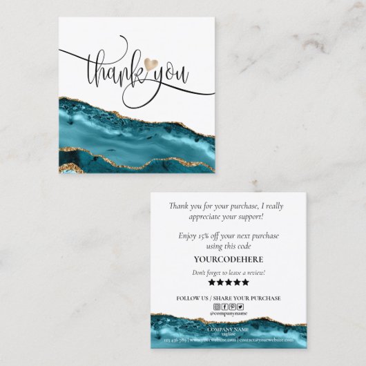 モダン注文の金ゴールド感謝していハートをスクリプト化 スクエア名刺 (正面/裏面)