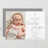 モダン洗礼フォント シルバー スクリプト 写真 招待状 (正面/裏面)