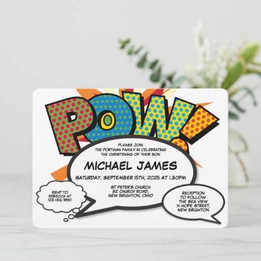 モダン洗礼《キリスト教》洗礼式や命名式おもしろい漫画書 招待状 (スタンド正面)