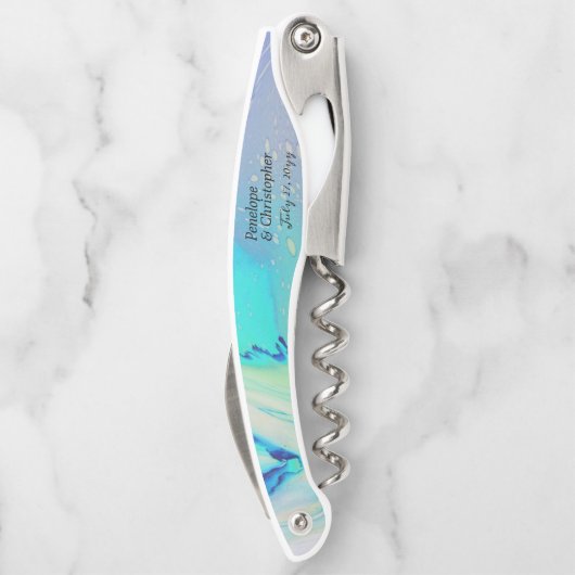 モダン海ウォーターブルー抽象芸術ビーチ結婚式 ソムリエナイフ (裏面)