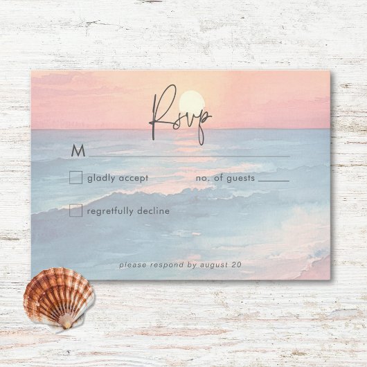 モダン海サンセットウォーターカラービーチ結婚式 出欠カード