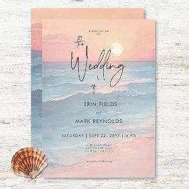 モダン海サンセットウォーターカラービーチ結婚式 招待状
