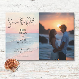 モダン海サンセット水彩ビーチ結婚式写真 セーブザデート