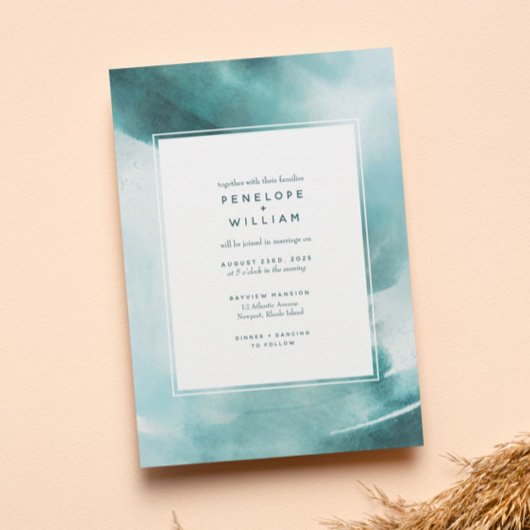 モダン海ティール（緑がかった色）水結婚色 招待状
