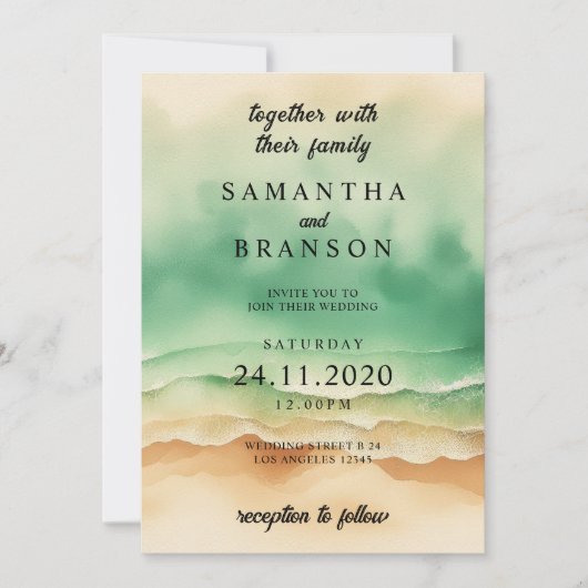 モダン海ビーチ砂の水色エレガント 招待状 (正面)