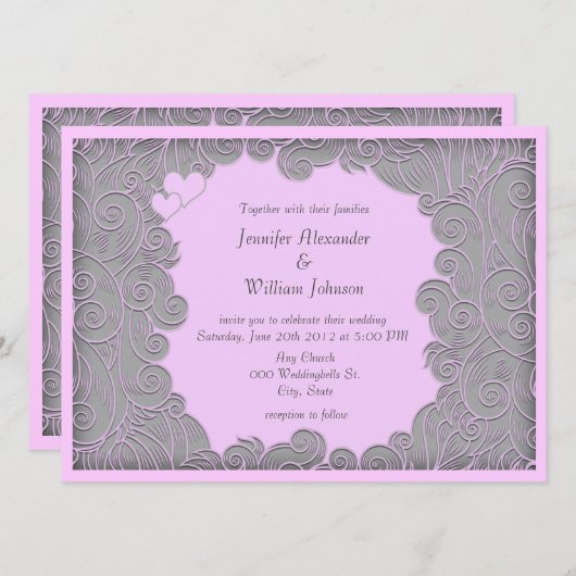 モダン淡い色の渦巻形のピンクとグレーの結婚式 招待状 (正面/裏面)