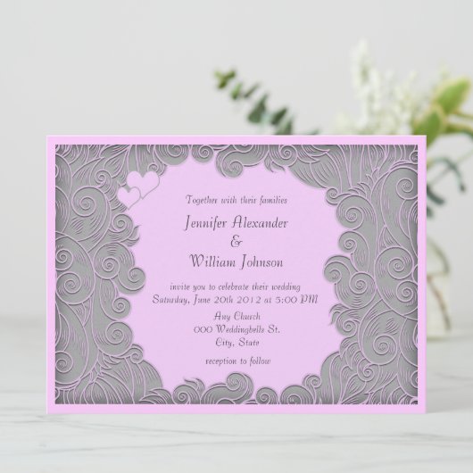 モダン淡い色の渦巻形のピンクとグレーの結婚式 招待状 (スタンド正面)