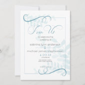 モダン淡い色の葉シックなアクセントティール（緑がかった色）ブルー 招待状 (正面)