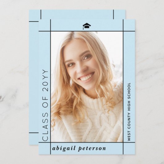 モダン淡い色の2025年卒業写真の青クラス 案内状 (正面/裏面)