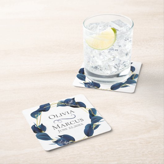 モダン深いインディゴブルーと金ゴールドフレーム スクエアペーパーコースター (インサイチュ)