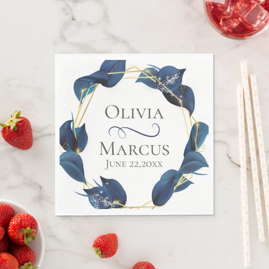 モダン深いインディゴブルーと金ゴールドフレーム スタンダードランチョンナプキン (インサイチュ)