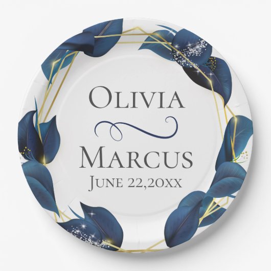 モダン深いインディゴブルーと金ゴールドフレーム ペーパープレート (正面)