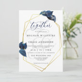 モダン深いインディゴブルーと金ゴールドフレーム 招待状 (スタンド正面)