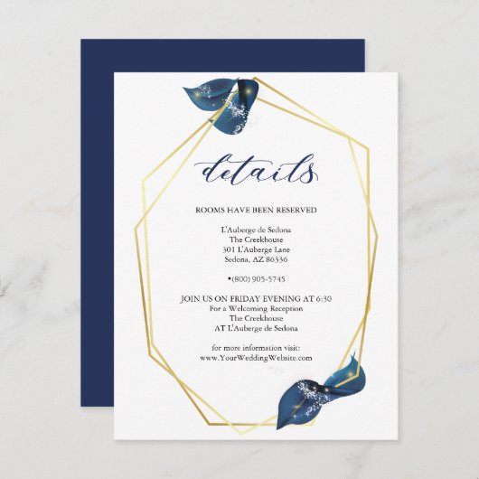 モダン深いインディゴブルーと金ゴールド詳細 招待状 (正面/裏面)