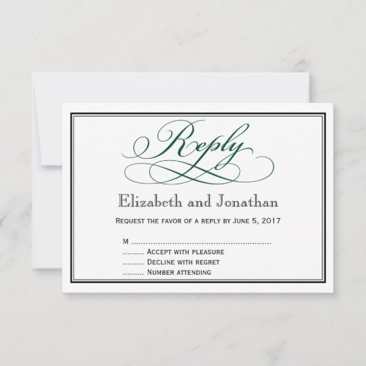 モダン深いグリーンスク結婚リプライ 招待状 (正面)