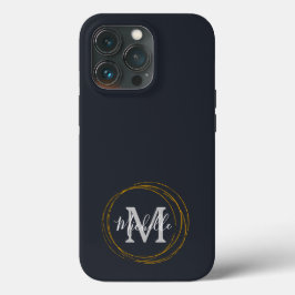 モダン深いグレー/ブラック&金ゴールドモノグラム iPhone 13 PROケース