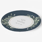 モダン深いシーブルーグリーンリーフローラ結婚ズ ペーパープレート (アングル)