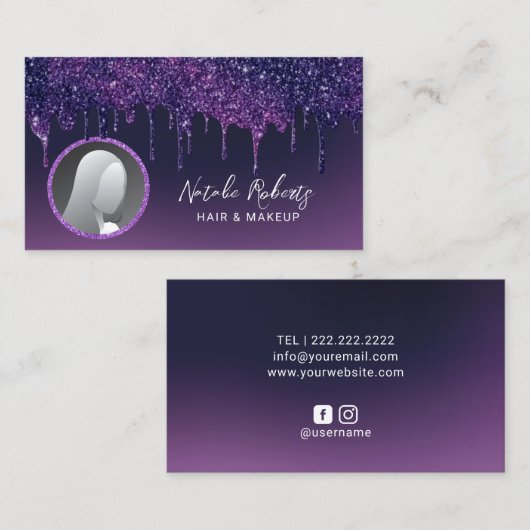 モダン深いパープルグリッタードリップ美しい写真 名刺 (正面/裏面)