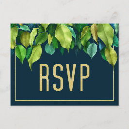 モダン深いブルーエレガントリーフ結婚式RSVP ポストカード