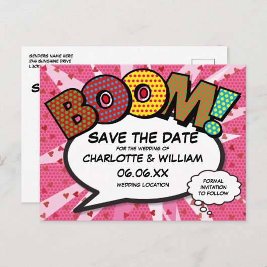 モダン漫画ブック結婚のピンク日付を保存 ポストカード (正面/裏面)