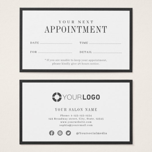 モダン炭ブラック縁どアポイントメントカード (正面&裏面)