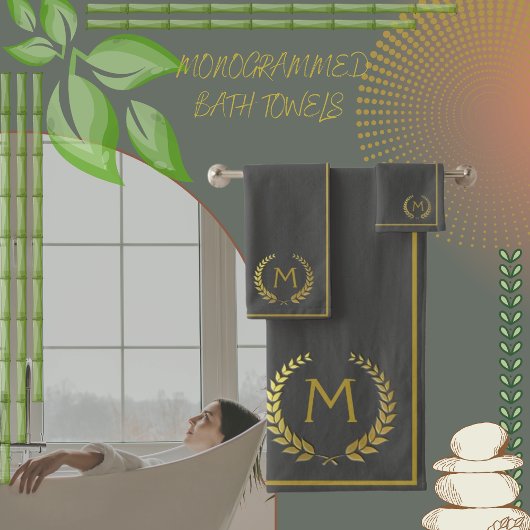 モダン炭金ゴールドシックエレガントモノグラーム バスタオルセット