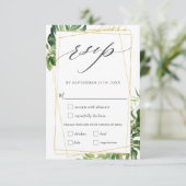 モダン熱帯の緑の金ゴールド結婚の食事の選択 出欠カード (スタンド正面)