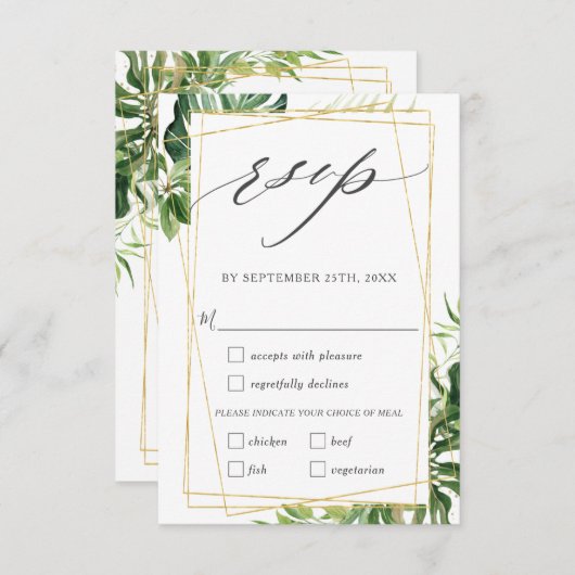 モダン熱帯の緑の金ゴールド結婚の食事の選択 出欠カード (正面/裏面)