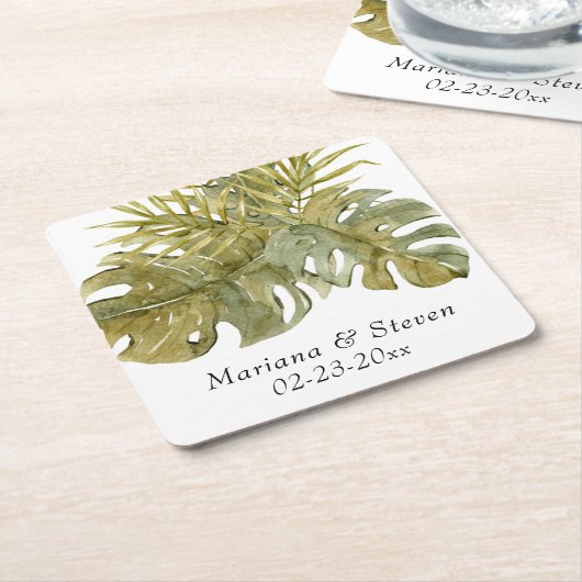 モダン熱帯葉の乾燥パーム結婚ズ スクエアペーパーコースター (アングル)