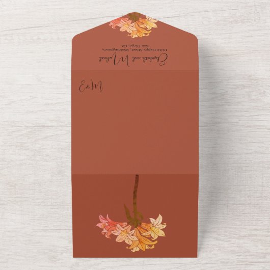 モダン燃えたオレンジ色のフローラエレガシンプルントウェディング オールインワン招待状 (外側)