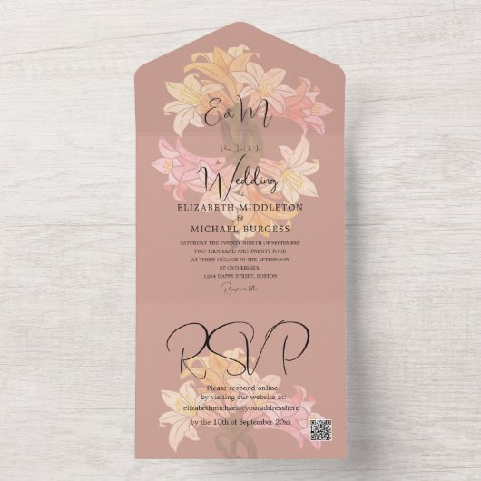 モダン燃えたオレンジ色のフローラエレガシンプルントウェディング オールインワン招待状 (内側)