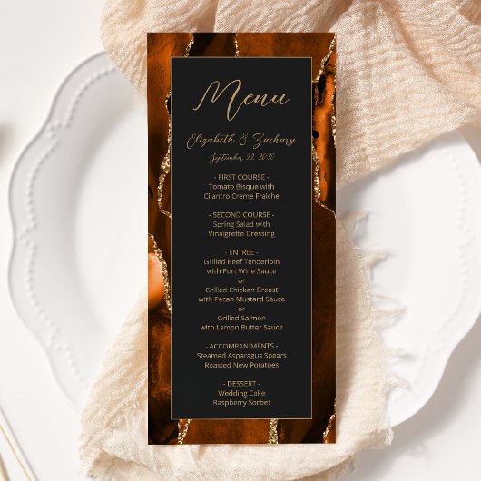 モダン燃えたオレンジ色の金ゴールドアゲートダーク結婚ズ メニュー